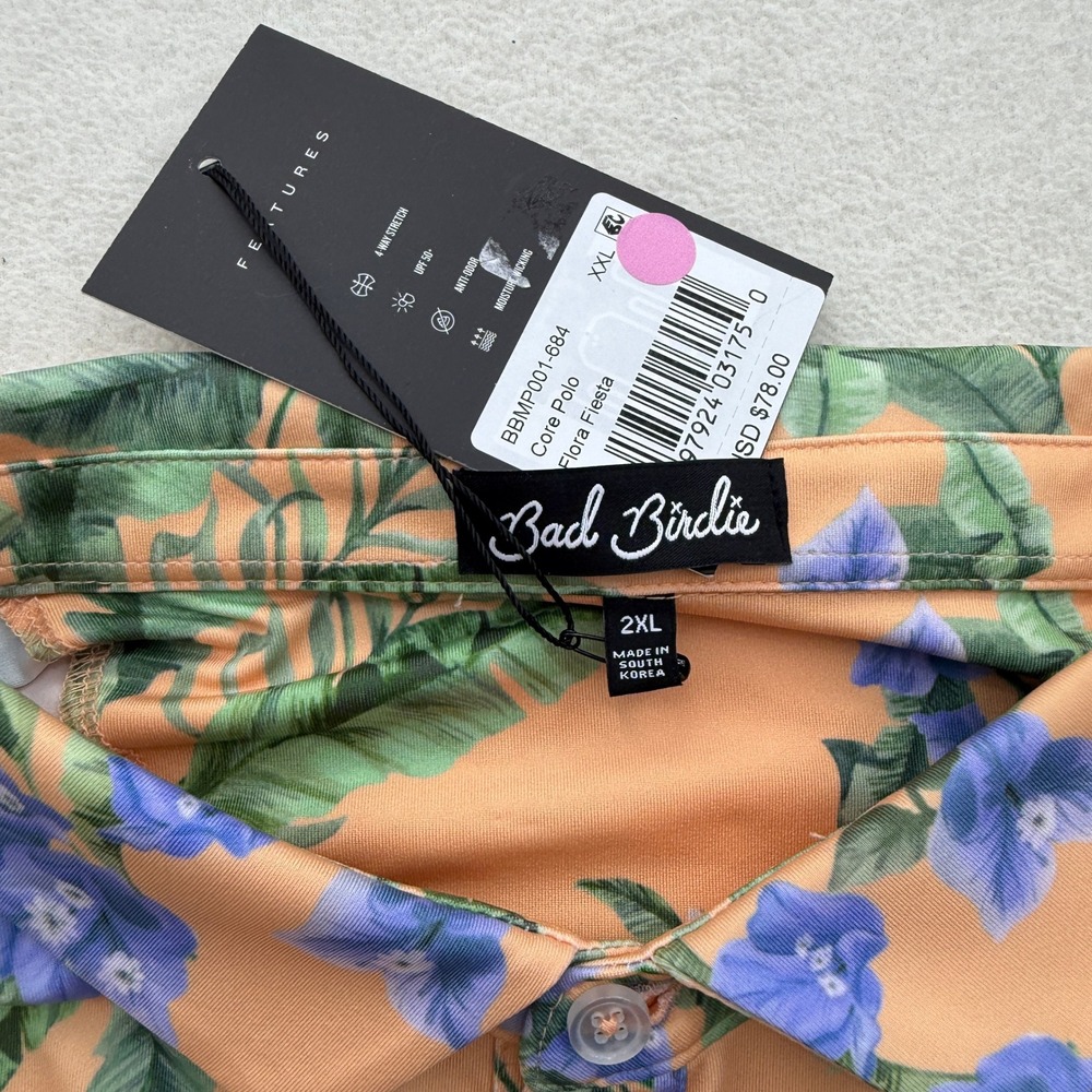 Bad Birdie Mens XXL 2XL Core Polo Orange Flora Fiesta Golf Shirt 4 Way Stretch - Picture 4 of 6